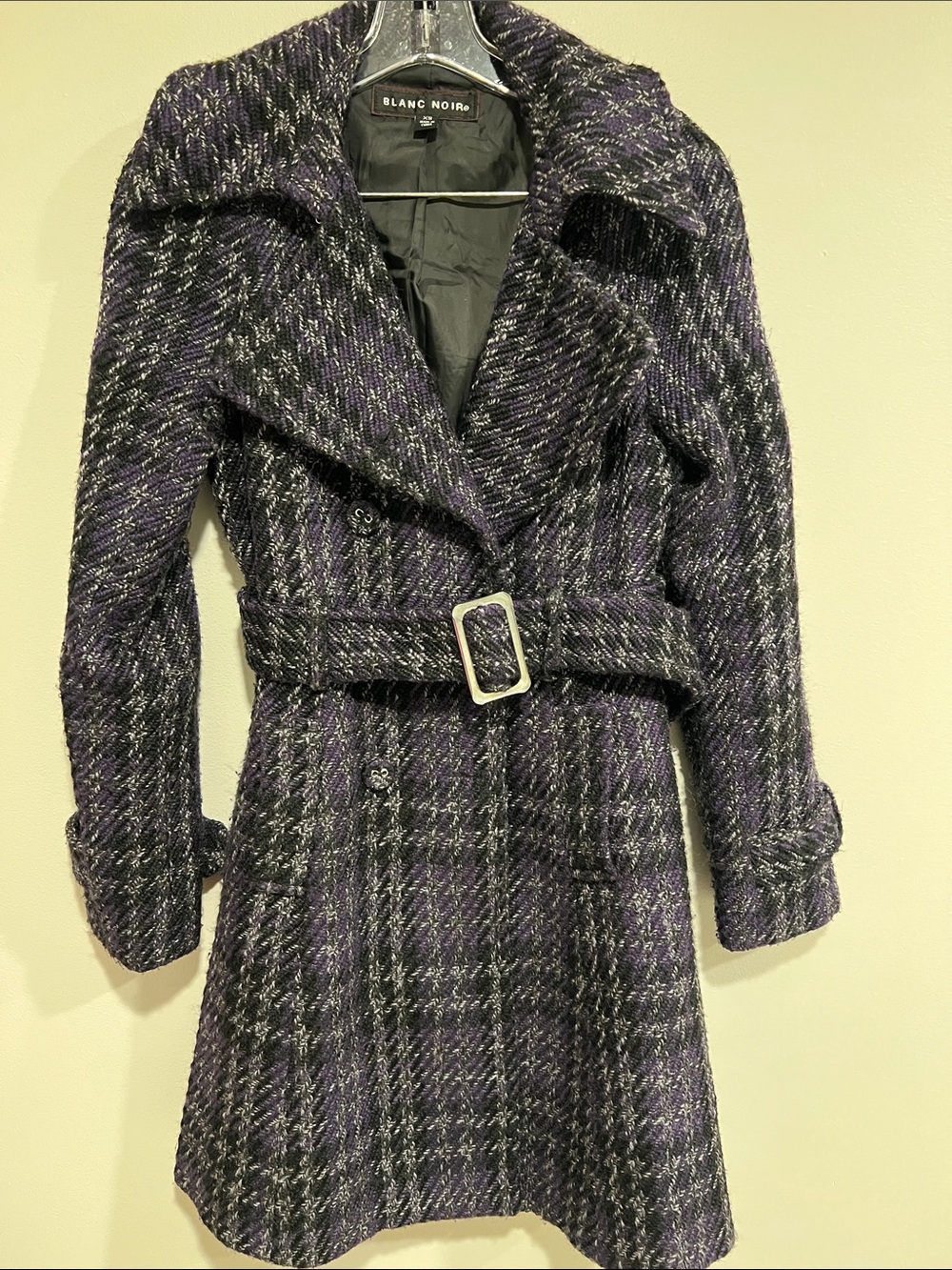 blanc noir Purple and Black Plaid Belted Trench Coat